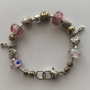 European Style Bead Bracelet - Pink  Silver and Gold Charm Bracelet